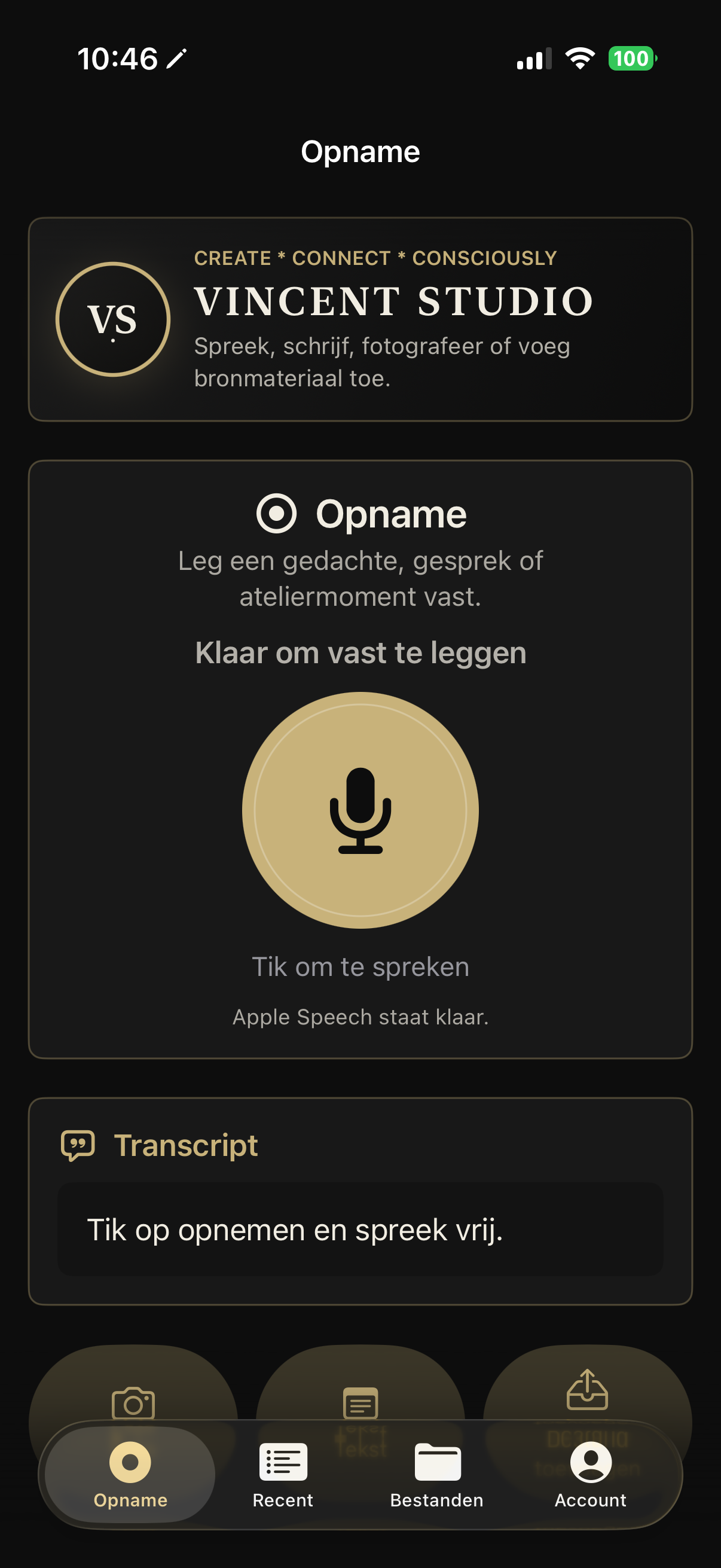 Het opnamescherm van de Vincent Studio App op een iPhone
